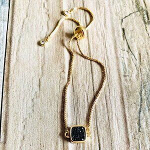 Gold plated druzy quartz crystal stone dainty thin chain adjustable bracelet